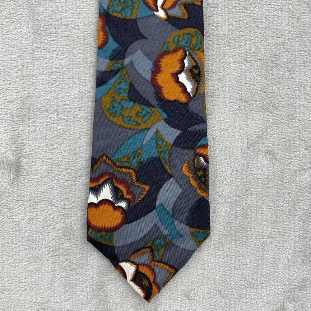 Vintage Oscar de la Renta Couture Collection Abstract Blue Brown Tie 100% Silk - Picture 1 of 5